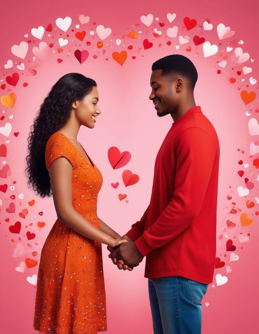 A diverse couple, radiantly smiling, holding hands and surrounded by blooming hearts and digital match icons, against a background blending real-life engagement scenes and online profiles. super-realistic. vibrant colors. romantic ambiance.