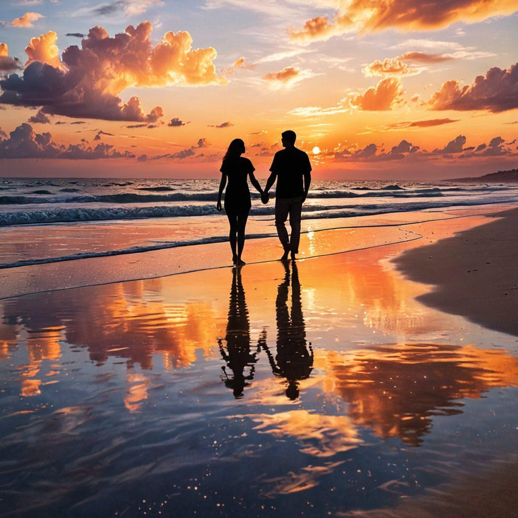 A romantic scene of two people walking hand-in-hand along a serene beach at sunset, with heart-shaped clouds forming in the sky, and shimmering water reflecting their silhouettes. soft, warm lighting envelops them, while subtle sparkles of magic flutter around. super-realistic. vibrant colors. dreamy atmosphere.