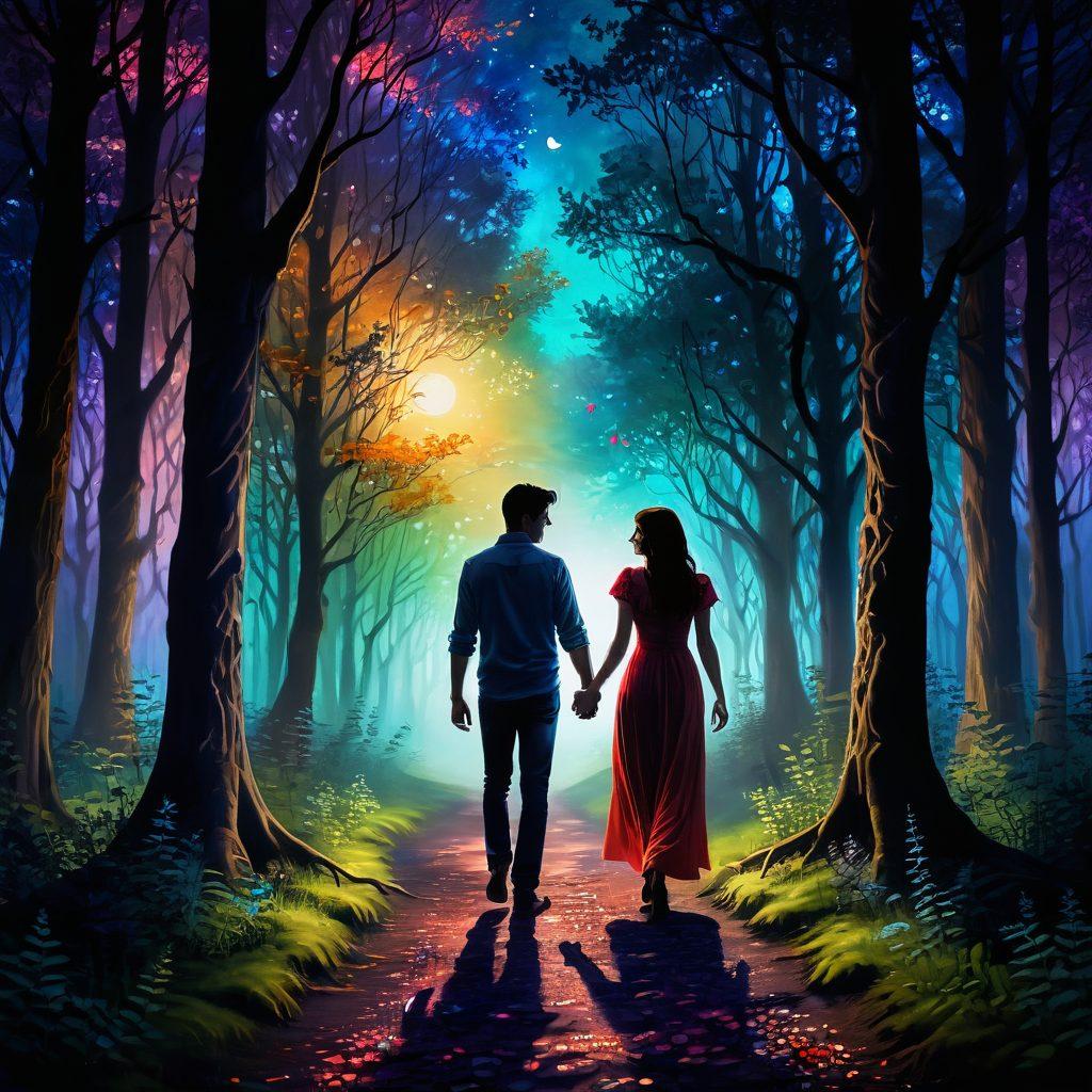 A serene, moonlit path through an enchanted forest, with a couple walking hand-in-hand, their souls glowing with a warm, radiant light symbolizing deep emotional connection. Elements of whispered secrets, intertwined hearts, and ethereal energy floating around them. painting. vibrant colors. dreamy ambiance.